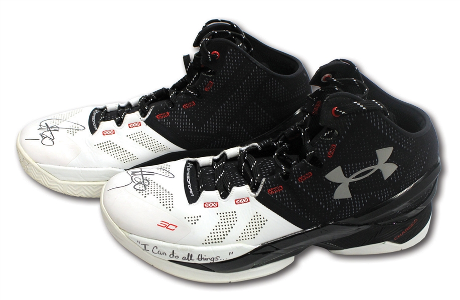 2015-16 STEPHEN CURRY (UNANIMOUS MVP & 73-9 SEASON) GAME WORN AND DUAL-SIGNED SHOES PHOTO-MATCHED TO 2 GAMES & 57 TOTAL POINTS (RESOLUTION LOA)