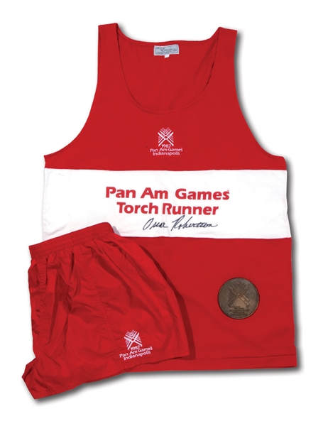 OSCAR ROBERTSONS AUTOGRAPHED 1987 PAN AMERICAN GAMES (INDIANAPOLIS) WORN TORCH RUNNERS FULL UNIFORM AND MEDALLION (ROBERTSON COLLECTION)