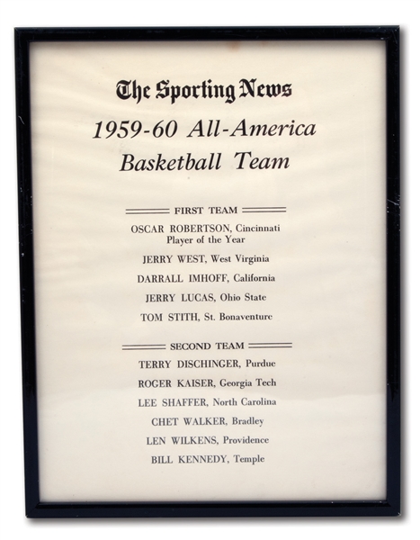 OSCAR ROBERTSONS THE SPORTING NEWS 1959-60 COLLEGE BASKETBALL FIRST TEAM ALL-AMERICA AWARD (ROBERTSON COLLECTION)
