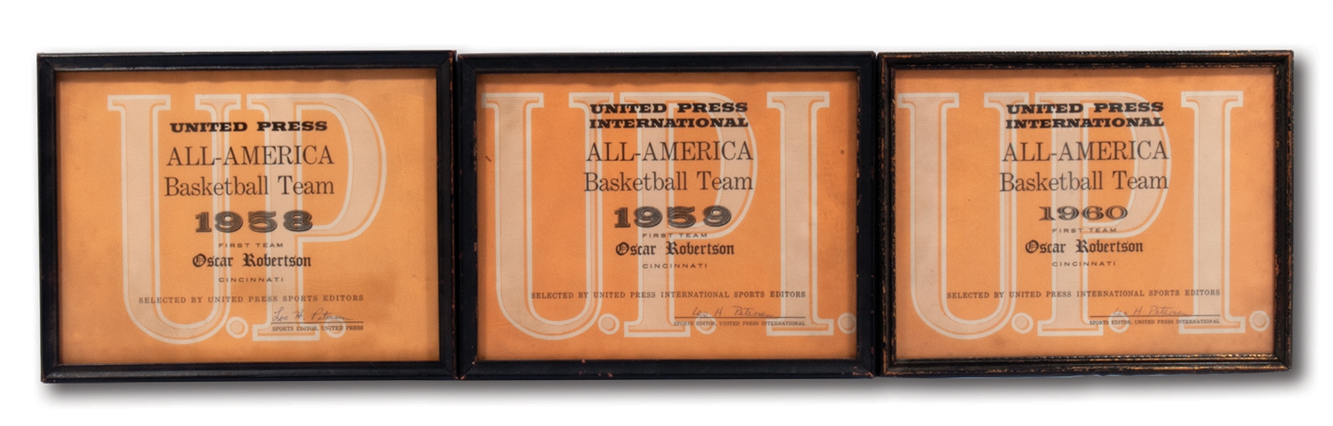 OSCAR ROBERTSONS 1958, 1959 AND 1960 UNITED PRESS INTERNATIONAL FIRST TEAM ALL-AMERICA CERTIFICATES (ROBERTSON COLLECTION)