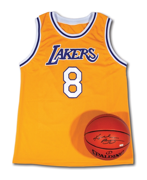 KOBE BRYANT AUTOGRAPHED PAIR OF LOS ANGELES LAKERS HOME #8 JERSEY AND SPALDING BASKETBALL (PANINI COA)