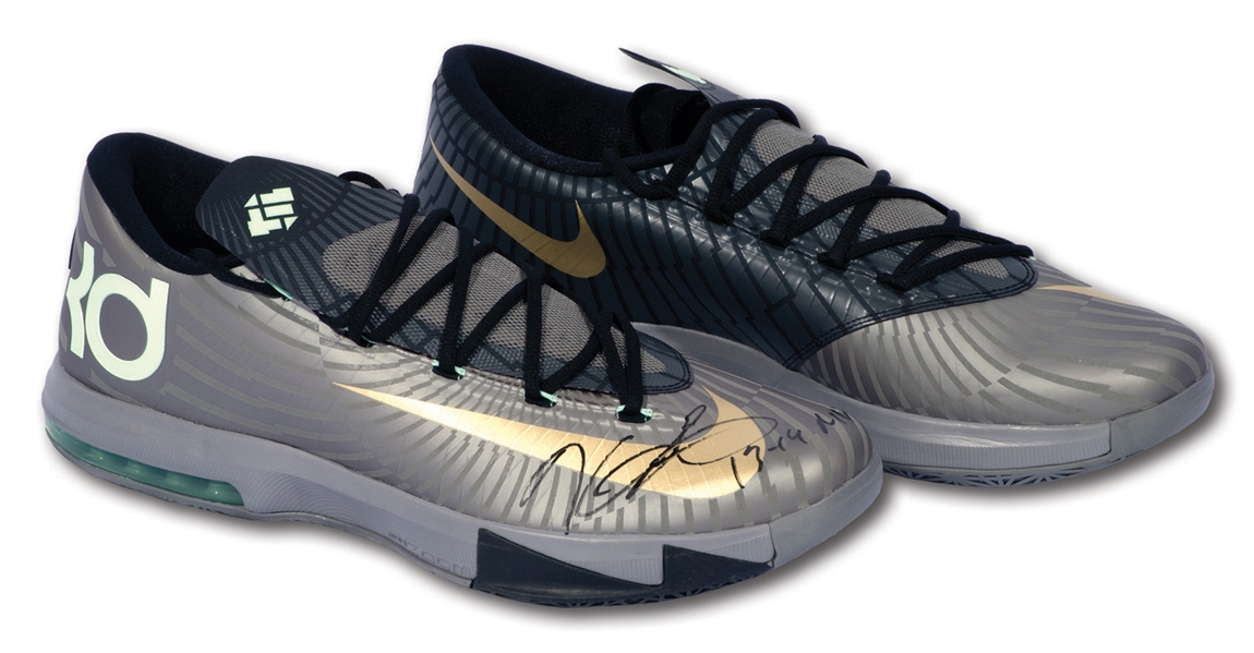 KEVIN DURANT DUAL-SIGNED AND "13-14 MVP" INSCRIBED PAIR OF NIKE KD VI PRECISION TIMING SHOES – LE 1/5 (PANINI COA)