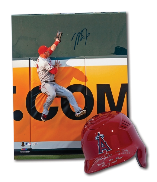 MIKE TROUT SIGNED & INSCRIBED L.A. ANGELS PRO MODEL BATTING HELMET AND 16x20 AUTOGRAPHED PHOTO (MLB AUTH.)