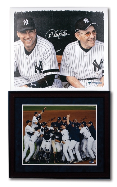 N.Y. YANKEES PAIR OF DEREK JETER & YOGI BERRA DUAL-SIGNED 20x24 CANVAS PRINT AND PETTITTE/MATSUI DUAL-SIGNED 2009 WORLD CHAMPS 16x20 PHOTO (STEINER, MLB AUTH.)