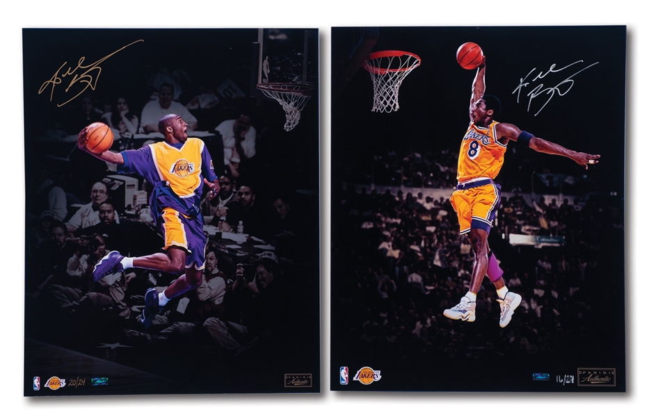 KOBE BRYANT PAIR OF AUTOGRAPHED EARLY CAREER (SOAR & DUNK CHAMP) 16x20 PHOTOGRAPHS – EACH LIMITED EDITIONS OF 24 (PANINI COAS)