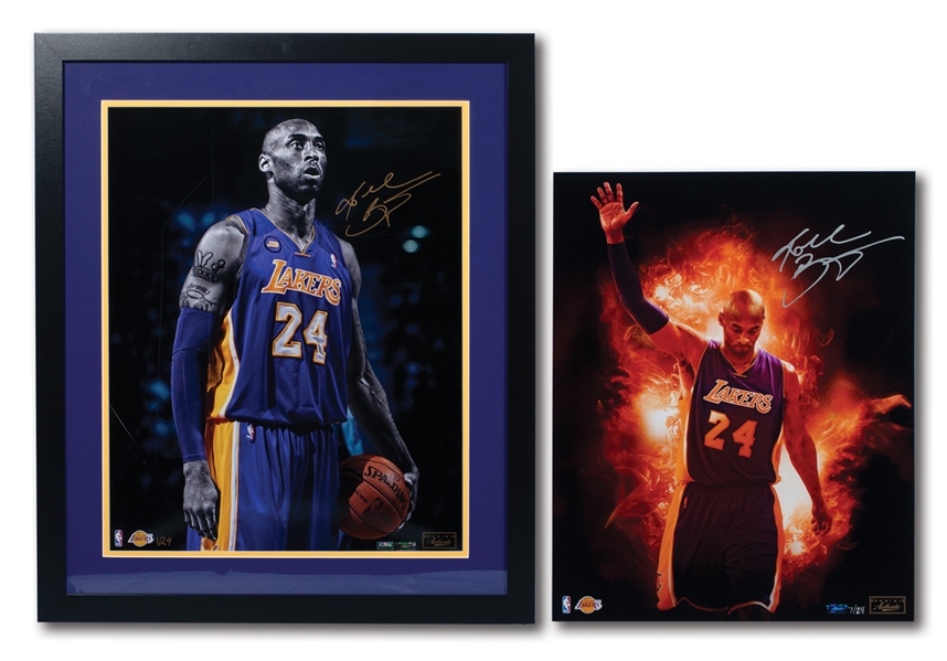 KOBE BRYANT PAIR OF AUTOGRAPHED LATE CAREER 16x20 PHOTOGRAPHS (ONE FRAMED) – EACH LIMITED EDITIONS OF 24 (PANINI COAS)