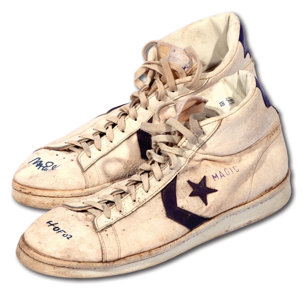 C. 1981 MAGIC JOHNSON L.A. LAKERS (@ ROCKETS) GAME WORN CONVERSE MAGIC SHOES SIGNED & INSCRIBED POST-CAREER (ELVIN HAYES SON LOA)