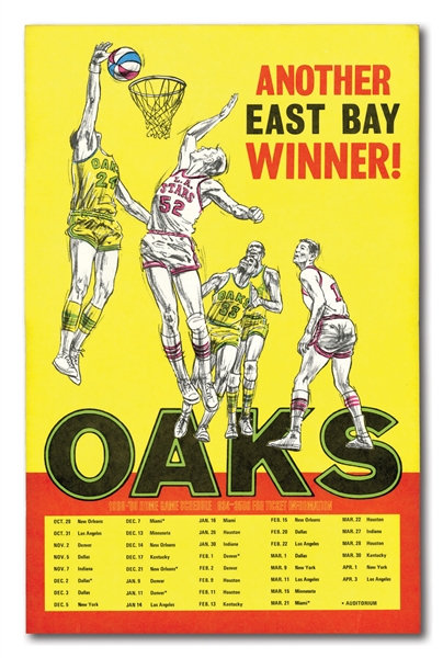 1968-69 ABA CHAMPION OAKLAND OAKS HOME SCHEDULE BROADSIDE POSTER