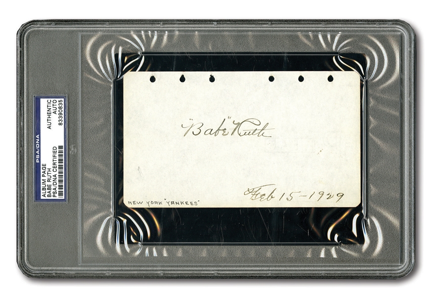 FEB. 15, 1929 BABE RUTH AUTOGRAPHED AND DATED ALBUM PAGE (PSA/DNA AUTHENTIC)