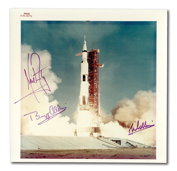 NEIL ARMSTRONG, BUZZ ALDRIN AND MICHAEL COLLINS TRIPLE-SIGNED NASA BLAST OFF PHOTO
