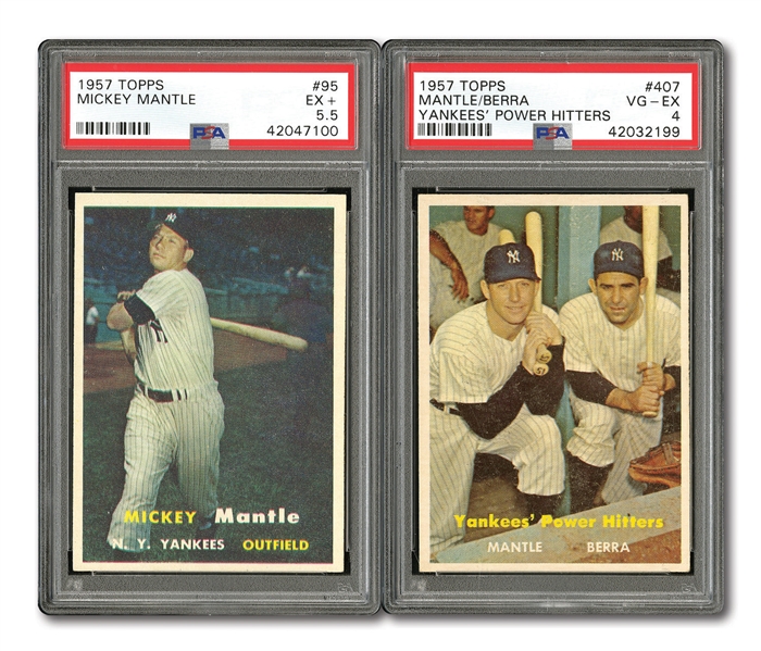1957 TOPPS #95 MICKEY MANTLE (PSA EX+ 5.5) AND #407 YANKEES POWER HITTERS (PSA VG-EX 4)