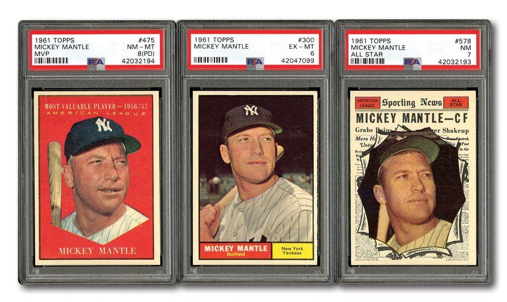 TRIO OF 1961 TOPPS MICKEY MANTLE CARDS INCL. #300 (PSA EX-MT 6), #475 MVP (PSA NM-MT 8-PD) AND #578 ALL-STAR (PSA NM 7)