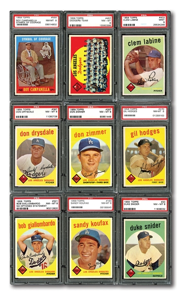 1959 TOPPS LOS ANGELES DODGERS PSA GRADED COMPLETE SET OF (36) – CURRENTLY RANKED #5 ON REGISTRY WITH 8.04 SET RATING