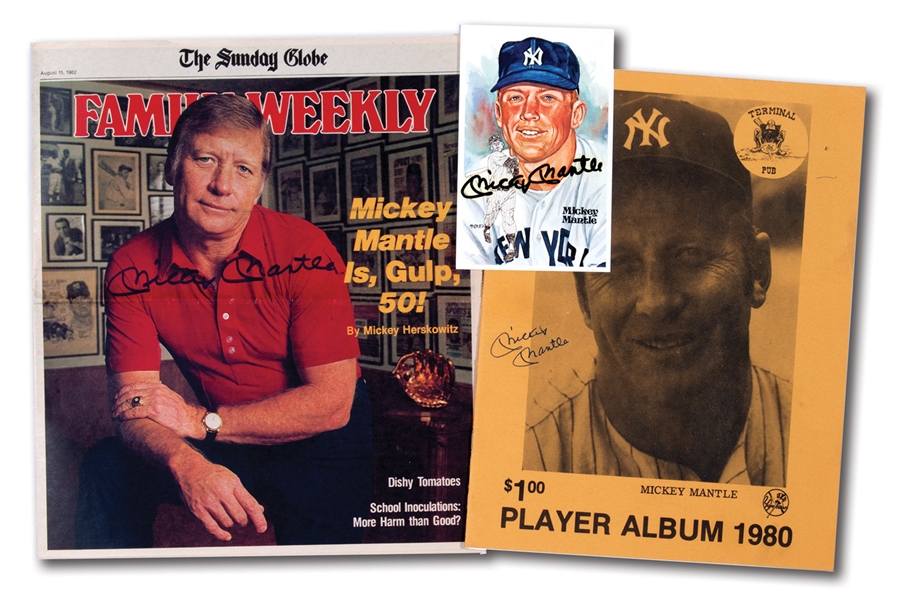 LOT OF (3) MICKEY MANTLE AUTOGRAPHED ITEMS INCL. 1981 PEREZ-STEELE POSTCARD