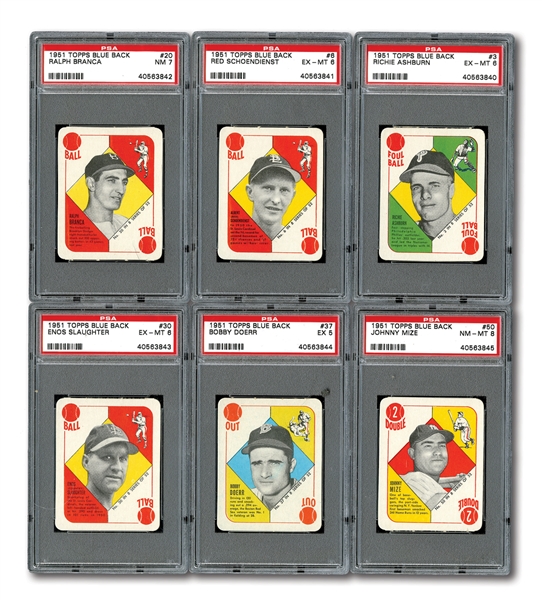 1951 TOPPS BLUE BACKS COMPLETE SET OF (52) WITH 6 PSA GRADED NOTABLES