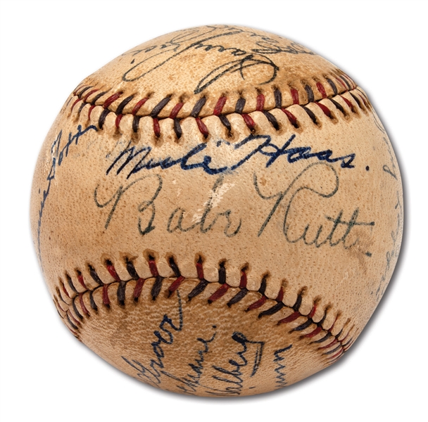 1930 NEW YORK YANKEES AND PHILADELPHIA ATHLETICS (WS CHAMPS) MULTI-SIGNED BASEBALL WITH 9 HOFERS INCL. RUTH, GEHRIG, FOXX, ETC.