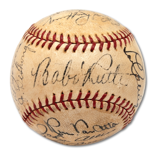 1934 NEW YORK YANKEES TEAM SIGNED OAL (HARRIDGE) BASEBALL INCL. RUTH & GEHRIG