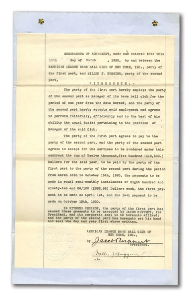 1920 MILLER HUGGINS NEW YORK YANKEES MANAGERIAL CONTRACT SIGNED BY HUGGINS, JACOB RUPPERT AND BAN JOHNSON