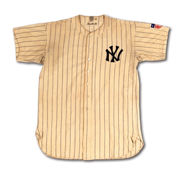 1942 GEORGE SELKIRK NEW YORK YANKEES GAME WORN HOME JERSEY (RUTH’S RETIRED NUMBER 3) WITH HEALTH PATCH (SGC/GROB LOA, GRADED "VG")