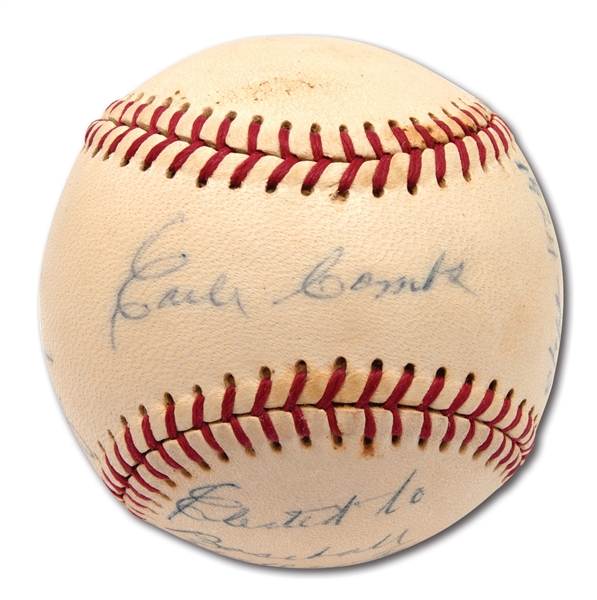 1970S EARLE COMBS SINGLE SIGNED & INSCRIBED CAREER STAT BASEBALL