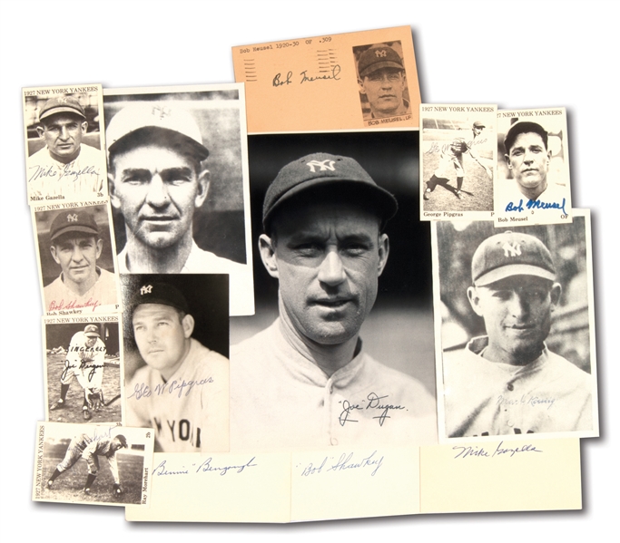 1927 NEW YORK YANKEES PLAYERS AUTOGRAPH LOT OF (14) INCL. CARDS, INDEX CARDS AND PHOTOS
