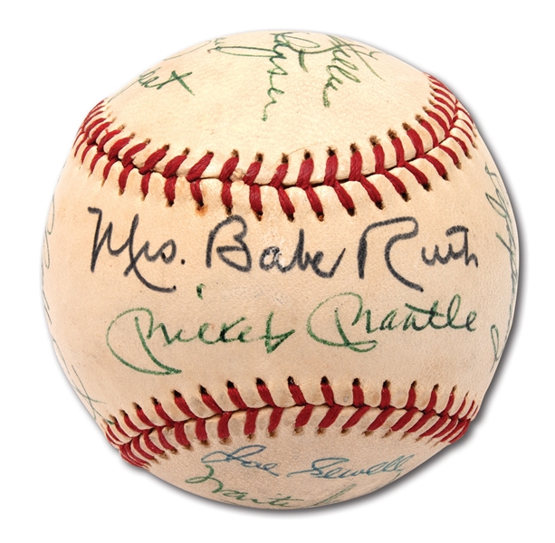 1960S YANKEES OLD TIMERS DAY MULTI-SIGNED BASEBALL INCL. MANTLE, DiMAGGIO, MRS. BABE RUTH AND MRS. LOU GEHRIG