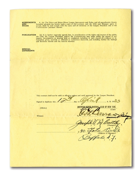 1933-35 JOE McCARTHY NEW YORK YANKEES MANAGERIAL CONTRACT SIGNED BY McCARTHY, JACOB RUPPERT, ED BARROW AND WILLIAM HARRIDGE