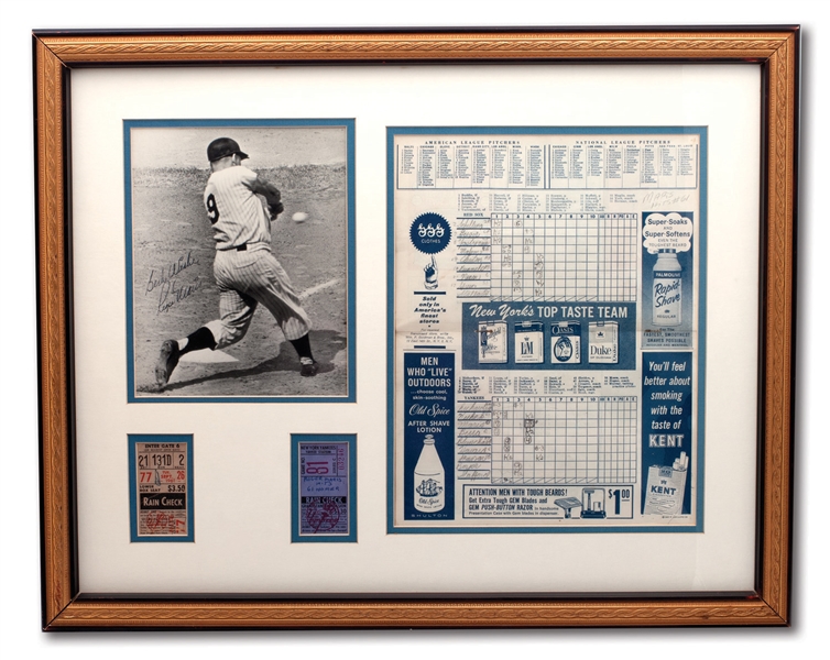 ROGER MARIS 1961 FRAMED DISPLAY INCL. HR #60 AND #61 TICKET STUBS, SIGNED PHOTO AND OCT. 1, 1961 SCORED PROGRAM FROM HR #61 GAME