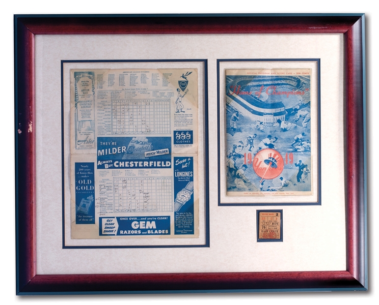 OCTOBER 1, 1949 "JOE DiMAGGIO DAY" FRAMED DISPLAY INCL. TICKET STUB AND SCORED GAME PROGRAM