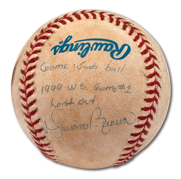1999 WORLD SERIES GAME 1 LAST OUT BALL PITCHED BY MARIANO RIVERA (1999 WS MVP) WHO RECORDED THE SAVE – SIGNED & INSCRIBED "GAME USED BALL 1999 WS GAME #1 LAST OUT" (STEINER)