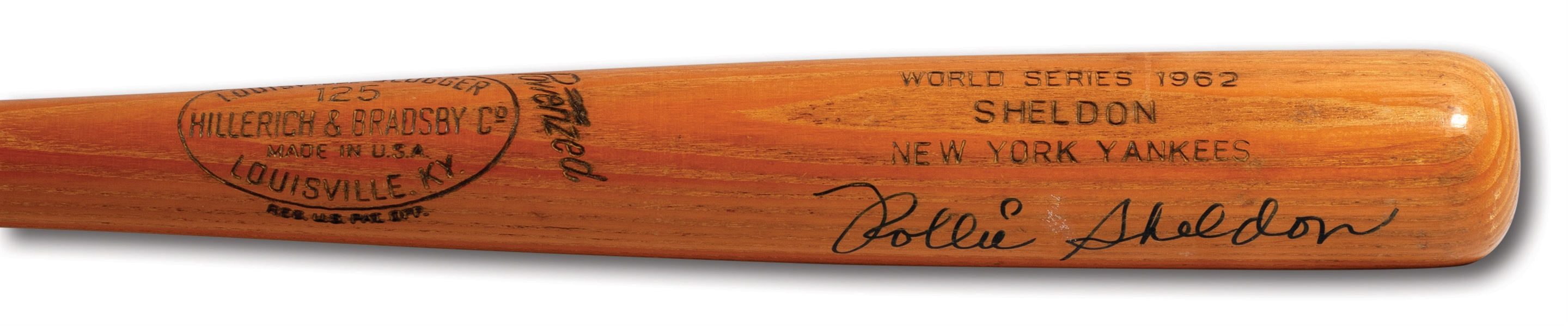 ROLLIE SHELDON AUTOGRAPHED 1962 WORLD SERIES HILLERICH & BRADSBY PROFESSIONAL MODEL GAME ISSUED BAT