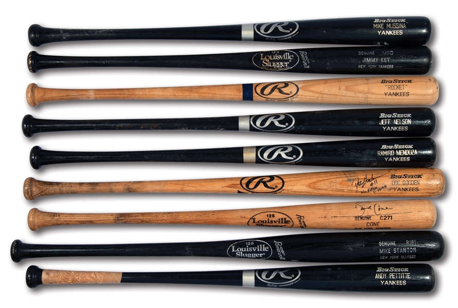 MID-1990S TO EARLY 2000S NEW YORK YANKEES PITCHERS GAME USED BAT COLLECTION OF (9) INCL. CLEMENS, PETTITTE, MUSSINA, GOODEN, CONE, ETC.