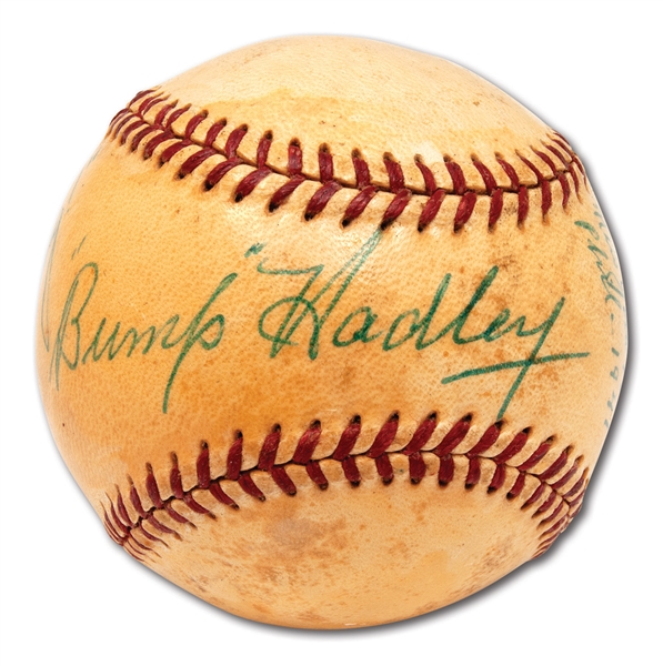 C. 1950 BUMP HADLEY SINGLE SIGNED & INSCRIBED OAL (HARRIDGE) BASEBALL WITH CAREER NOTATIONS