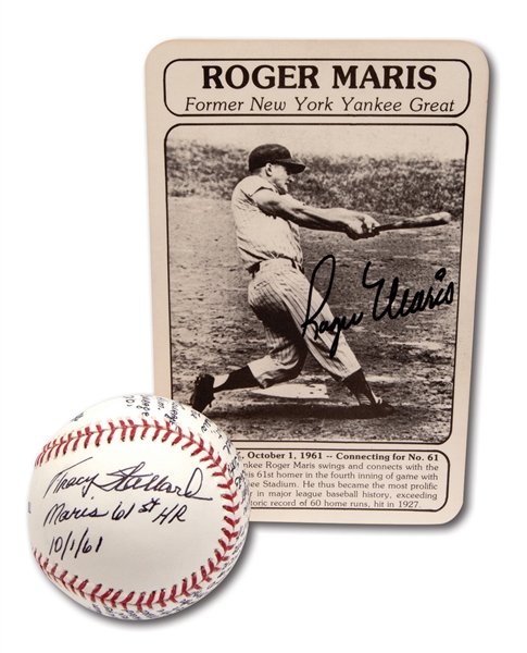TRACY STALLARD INSCRIBED BASEBALL RECOUNTING SERVING UP ROGER MARIS 61ST HOMER PLUS MARIS AUTOGRAPHED PHOTO CARD