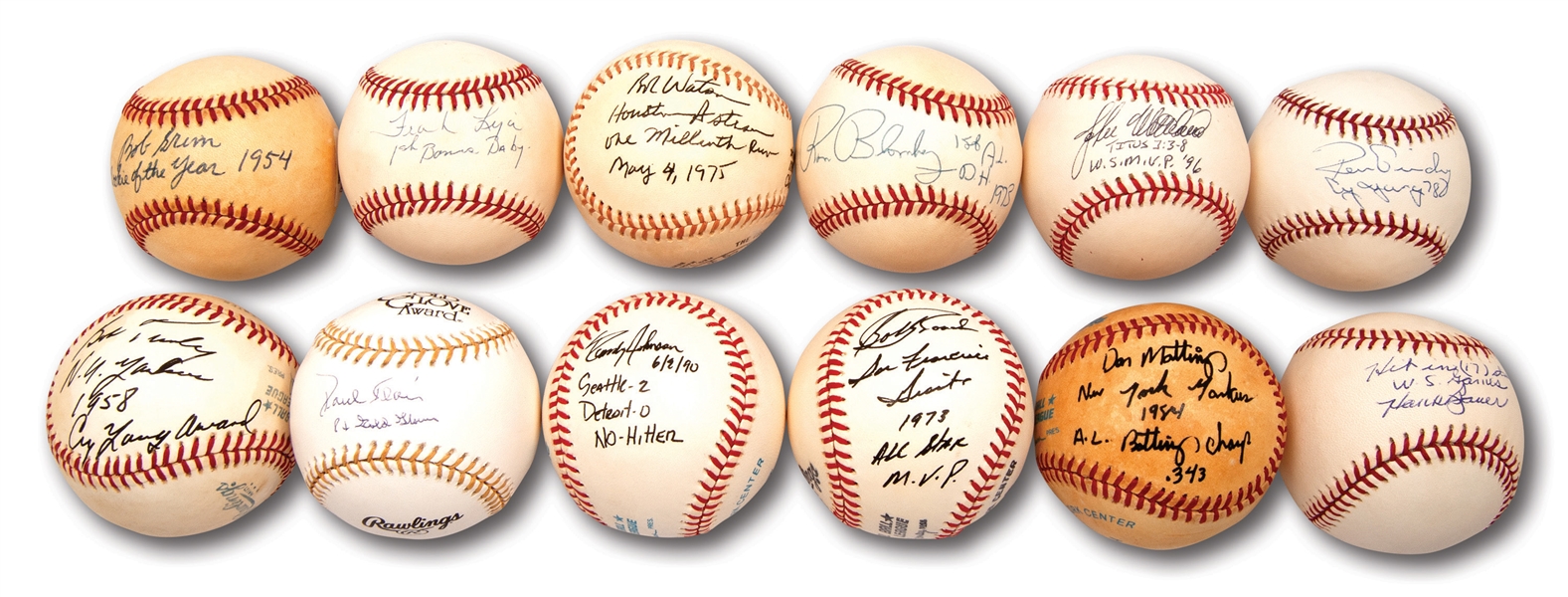 COLLECTION OF (12) NEW YORK YANKEES SINGLE SIGNED BASEBALLS WITH PERSONAL ACHIEVEMENT NOTATIONS