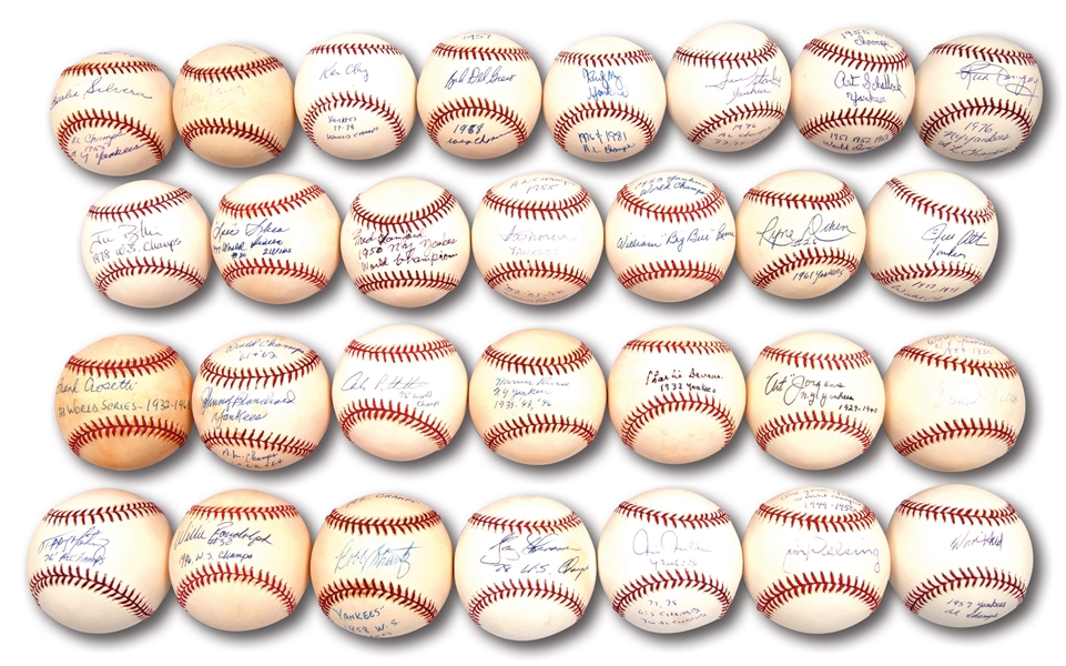 COLLECTION OF (29) NEW YORK YANKEES SINGLE SIGNED BASEBALLS WITH YANKEES TEAM ACHIEVEMENT NOTATIONS