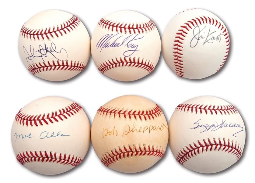 VOICES OF THE YANKEES SINGLE SIGNED BASEBALL LOT OF (6) INCL. BOB SHEPPARD AND MEL ALLEN