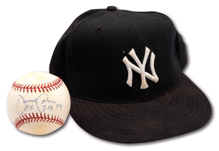 LATE 1990S DAVID CONE AUTOGRAPHED NEW YORK YANKEES GAME USED CAP AND SINGLE SIGNED BASEBALL