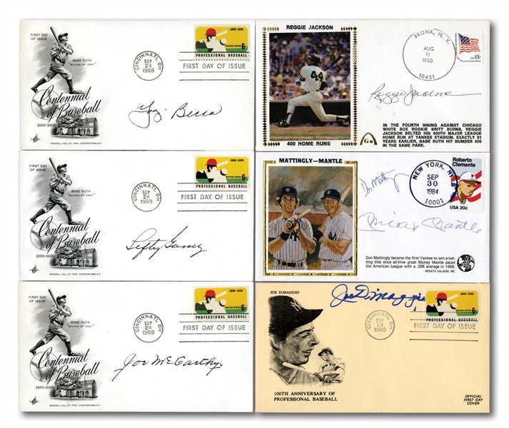 NEW YORK YANKEES LOT OF (13) AUTOGRAPHED COMMEMORATIVE FIRST DAY COVERS INCL. McCARTHY, MANTLE, DiMAGGIO AND OTHERS