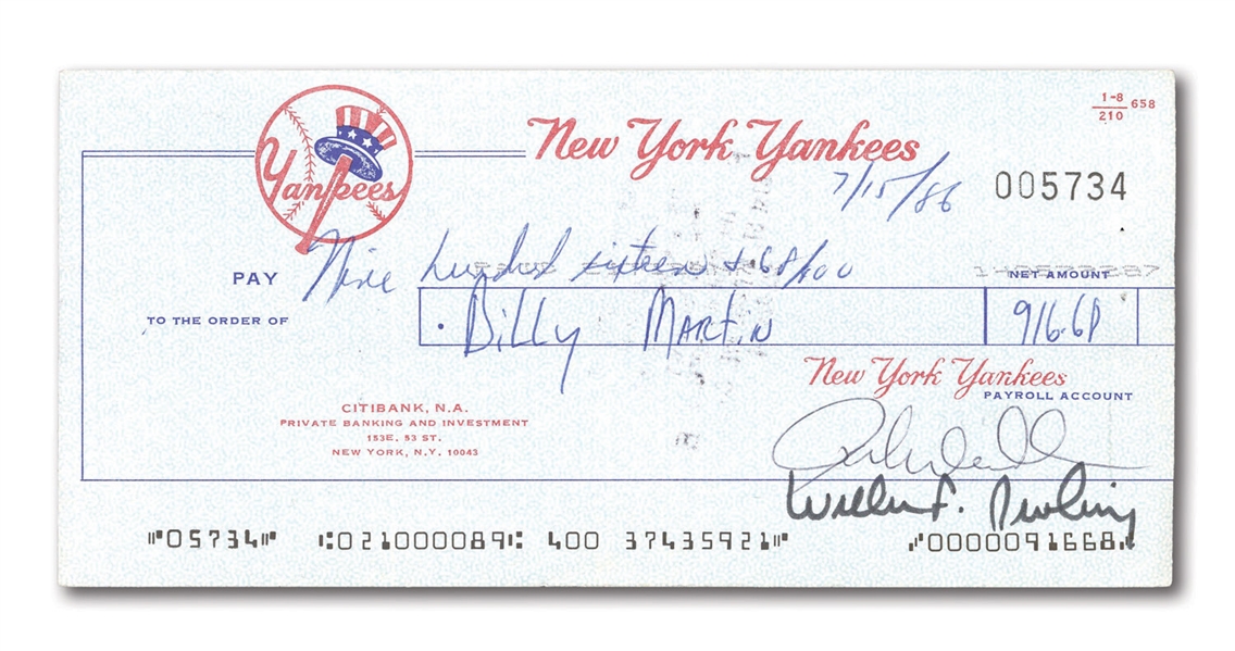 BILLY MARTIN ENDORSED 1986 NEW YORK YANKEES PAYROLL CHECK