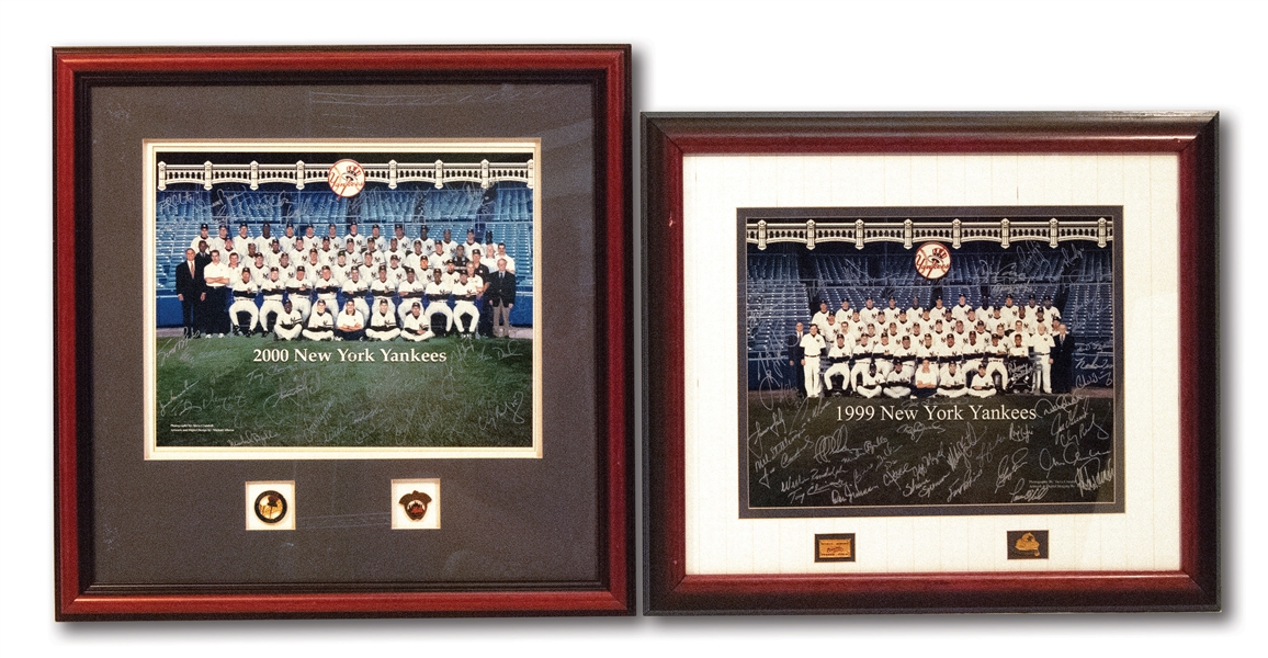 1999 AND 2000 WORLD CHAMPION NEW YORK YANKEES TEAM SIGNED PHOTO DISPLAYS WITH WORLD SERIES PRESS PINS