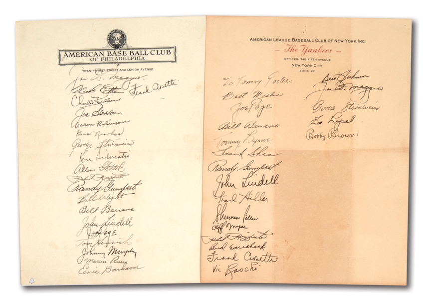 1946 AND 1948 NEW YORK YANKEES TEAM SIGNED SHEETS ON PHILADELPHIA ATHLETICS AND NEW YORK YANKEES LETTERHEAD RESPECTIVELY