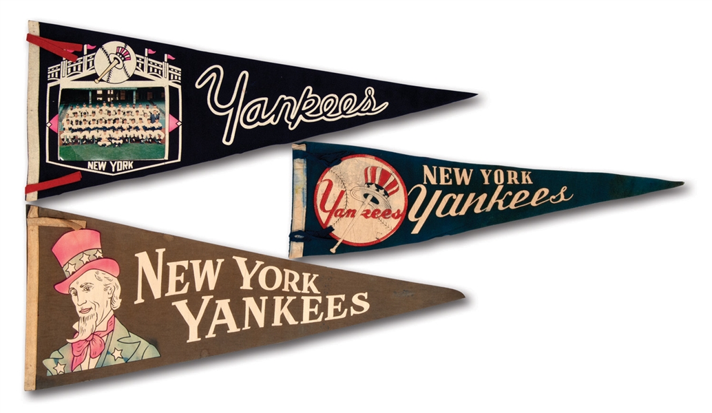 LOT OF (4) VINTAGE NEW YORK YANKEES PENNANTS INCL. SCARCE OVERSIZED "1936 CHAMPIONS" FRAMED EXAMPLE
