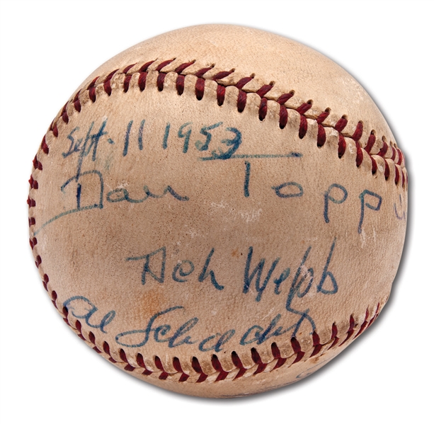 1953 NEW YORK YANKEES FRONT OFFICE MULTI-SIGNED OAL (HARRIDGE) BASEBALL INCL. GEORGE WEISS & DAN TOPPING