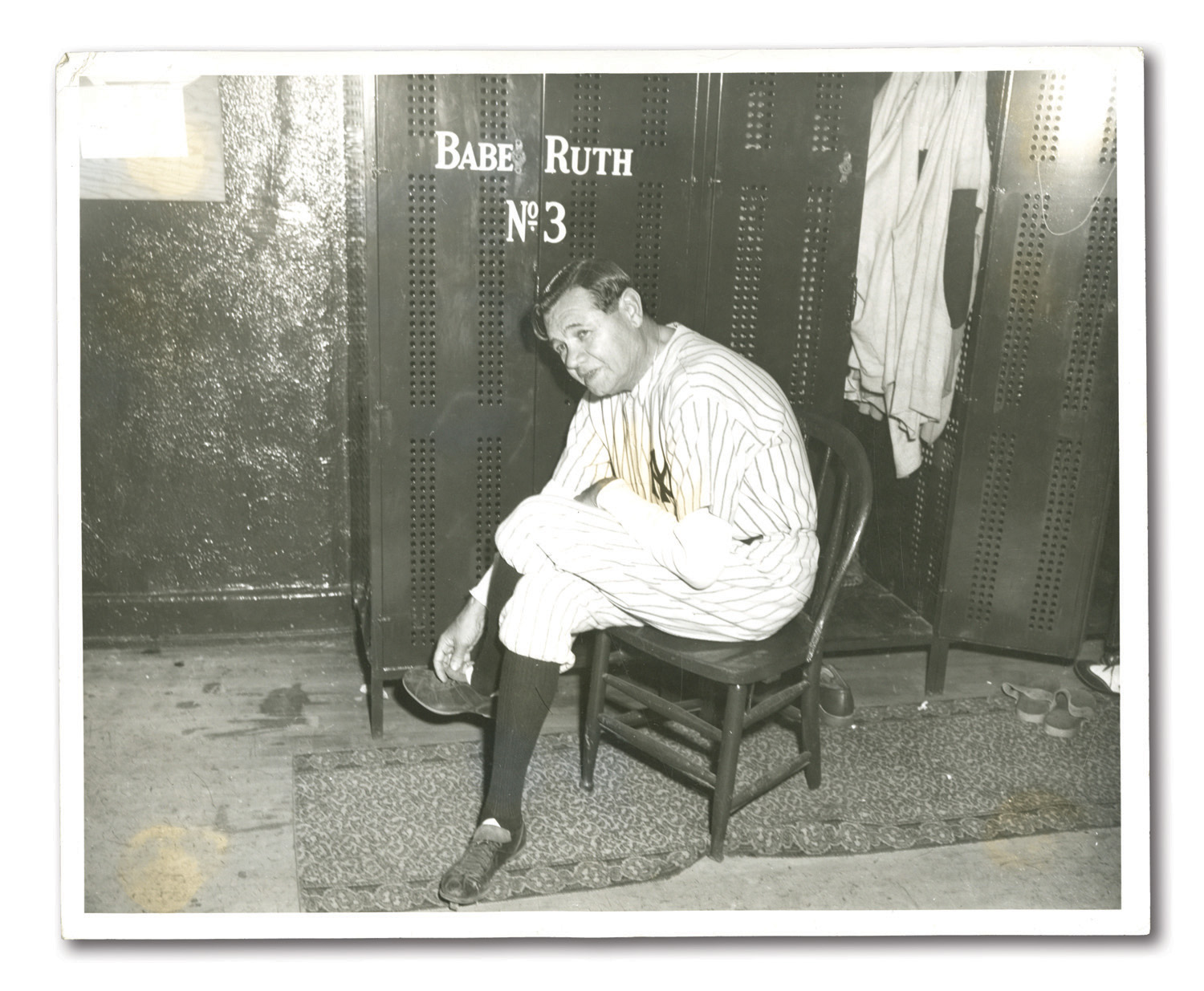 Lot Detail - JUNE 13, 1948 BABE RUTH DAY ORIGINAL PHOTO – RUTH REMOVES HIS  YANKEE PINSTRIPES FOR THE LAST TIME ON DAY YANKEES RETIRE HIS #3 (FROM  RUTH'S PERSONAL PHOTO ALBUM)