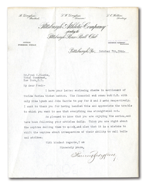 1922 BARNEY DREYFUSS TYPED SIGNED LETTER TO FRED CLARKE ON PITTSBURGH PIRATES LETTERHEAD
