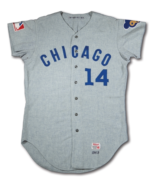 1969 ERNIE BANKS CHICAGO CUBS GAME WORN & PHOTO-MATCHED ROAD JERSEY - SOURCED DIRECTLY FROM CUBS GM "SALTY" SALTWELL AND FRESH TO THE HOBBY! (MEARS A10, SPORTS INVESTORS LOA)