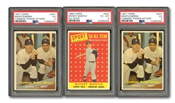 YANKEES TRIO OF 1958 TOPPS #487 MICKEY MANTLE ALL-STAR (PSA EX-MT 6) AND PAIR OF 1957 TOPPS #407 MANTLE/BERRA POWER HITTERS (BOTH PSA VG 3)