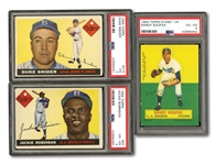DODGERS TRIO OF 1955 TOPPS #50 JACKIE ROBINSON (PSA VG-EX 4), 1955 TOPPS #210 DUKE SNIDER (PSA VG 3) AND 1964 TOPPS STAND-UP SANDY KOUFAX (PSA VG-EX 4)