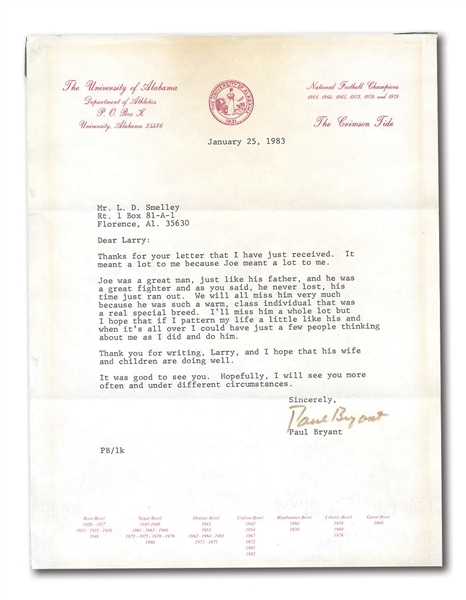 JAN. 25, 1983 PAUL "BEAR" BRYANT TYPED SIGNED LETTER DATED THE DAY BEFORE HIS DEATH – HIS LAST KNOWN AUTOGRAPH! (EXCELLENT PROVENANCE)